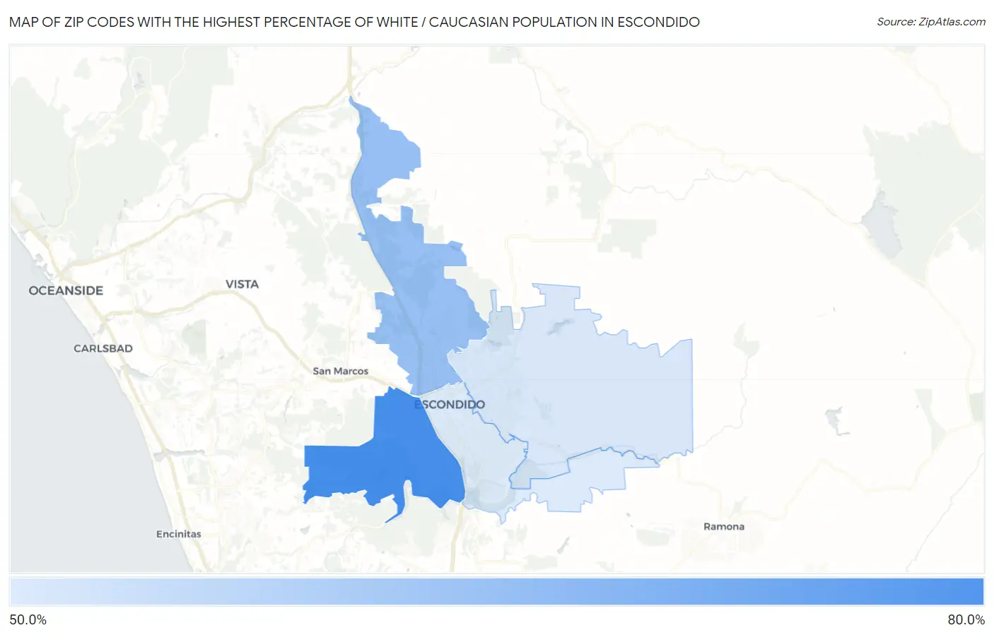 Zip Codes with the Highest Percentage of White / Caucasian Population in Escondido Map