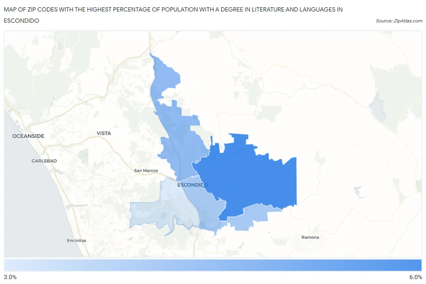 Zip Codes with the Highest Percentage of Population with a Degree in Literature and Languages in Escondido Map