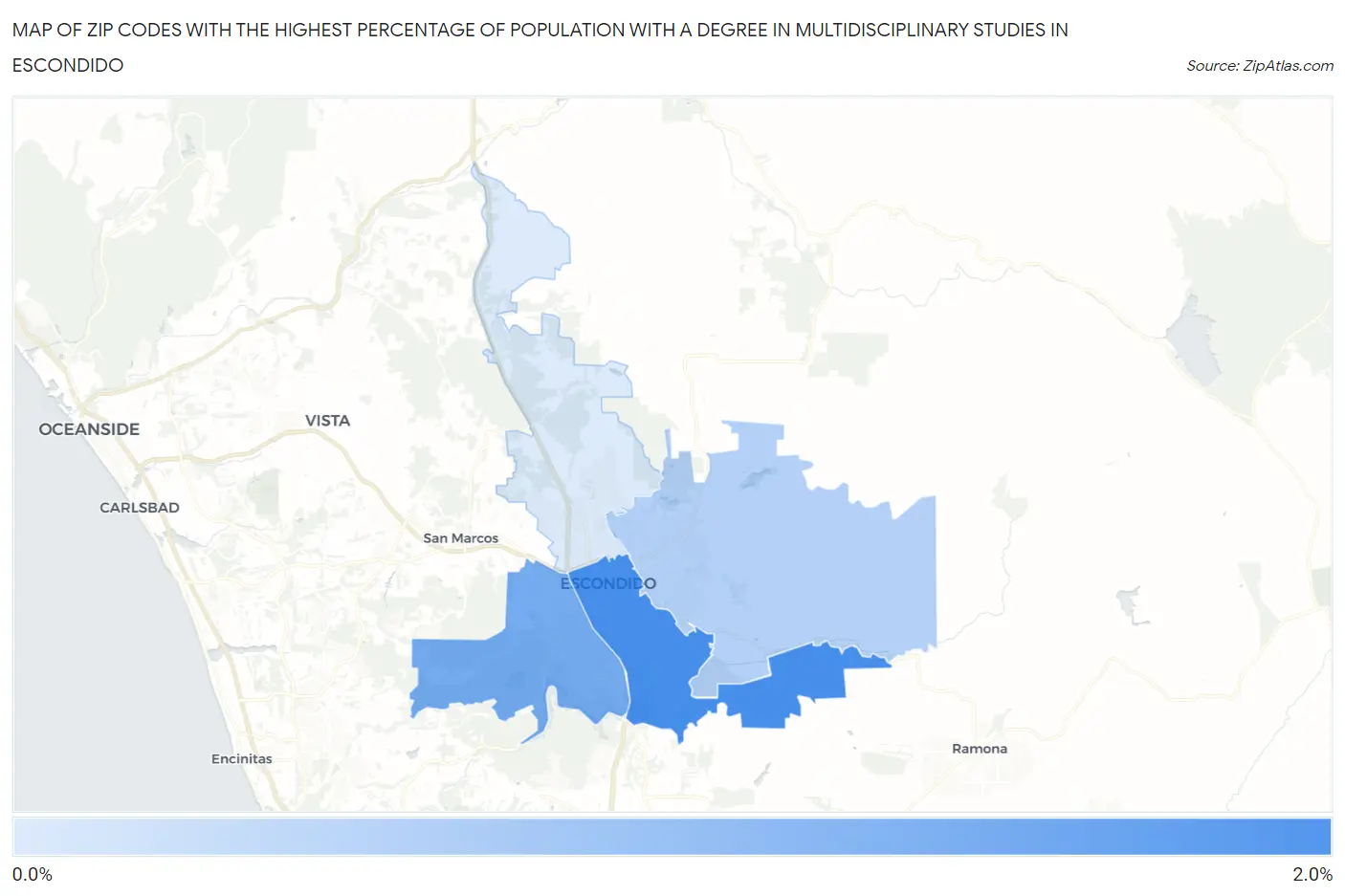 Zip Codes with the Highest Percentage of Population with a Degree in Multidisciplinary Studies in Escondido Map