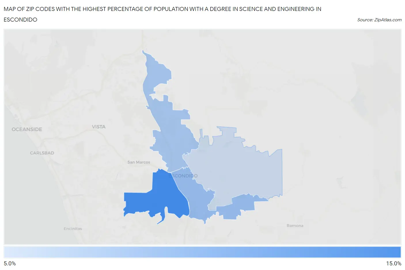 Zip Codes with the Highest Percentage of Population with a Degree in Science and Engineering in Escondido Map