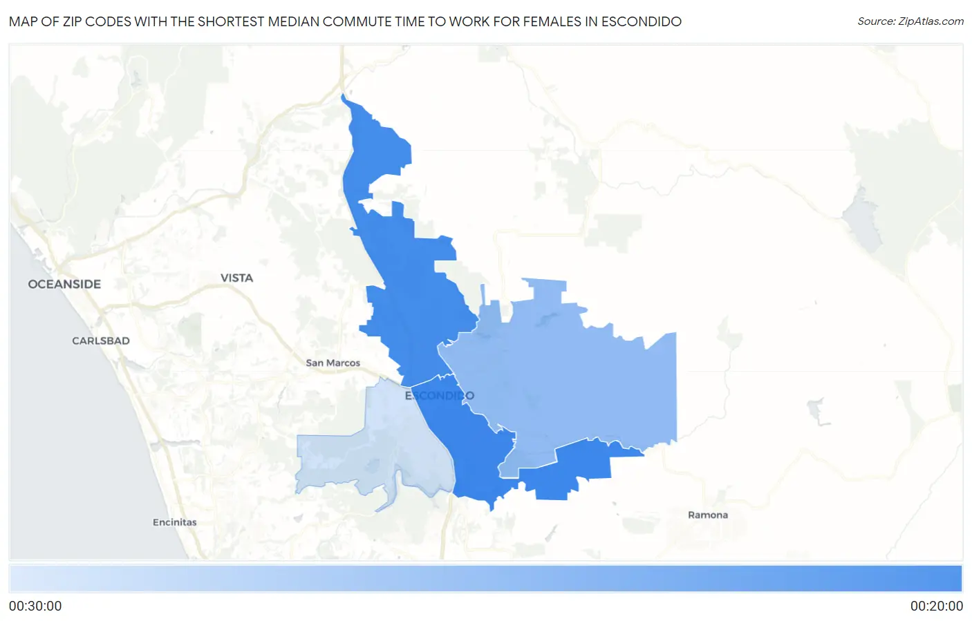 Zip Codes with the Shortest Median Commute Time to Work for Females in Escondido Map