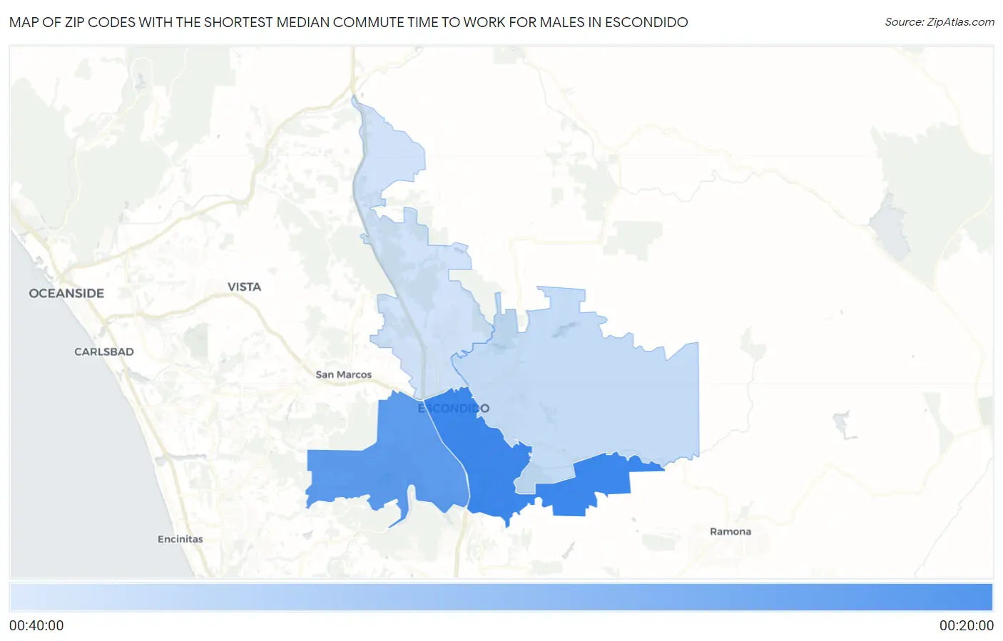 Zip Codes with the Shortest Median Commute Time to Work for Males in Escondido Map