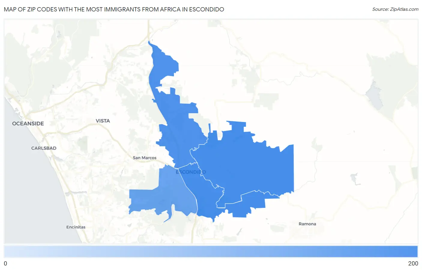Zip Codes with the Most Immigrants from Africa in Escondido Map