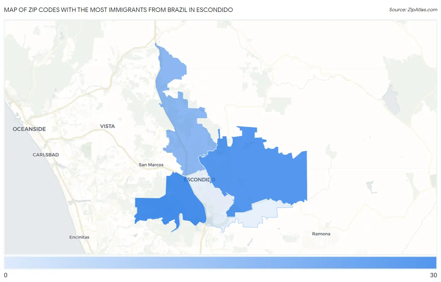 Zip Codes with the Most Immigrants from Brazil in Escondido Map