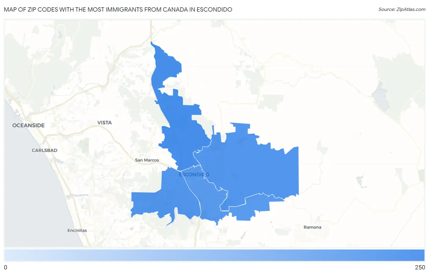 Zip Codes with the Most Immigrants from Canada in Escondido Map
