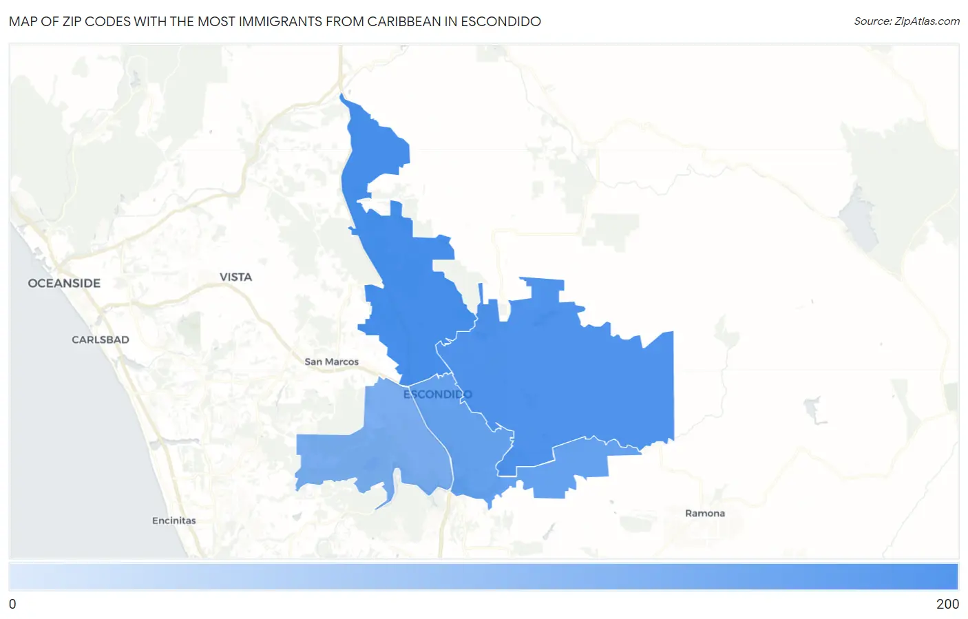 Zip Codes with the Most Immigrants from Caribbean in Escondido Map