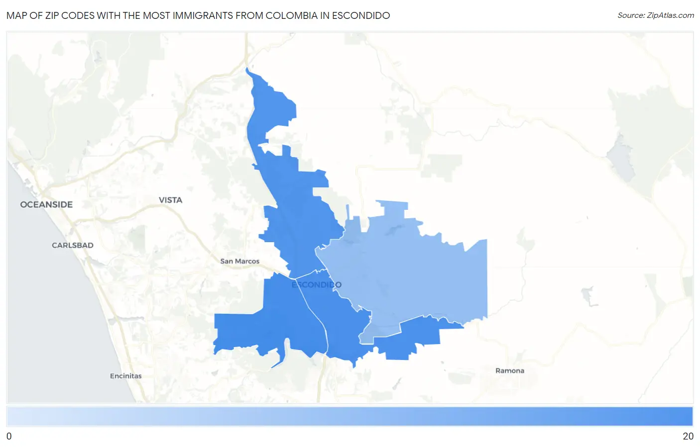 Zip Codes with the Most Immigrants from Colombia in Escondido Map