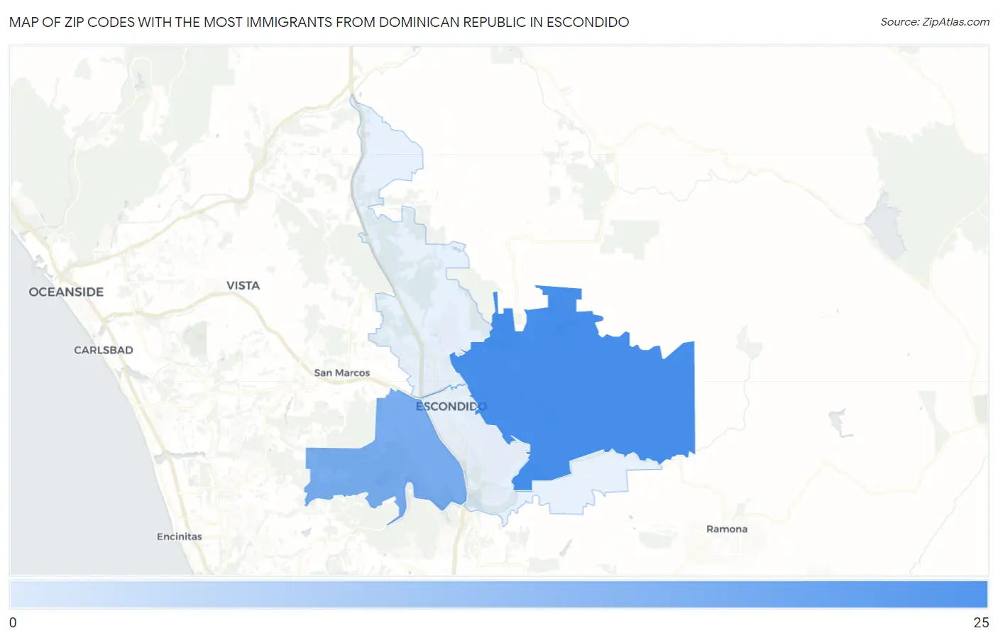 Zip Codes with the Most Immigrants from Dominican Republic in Escondido Map