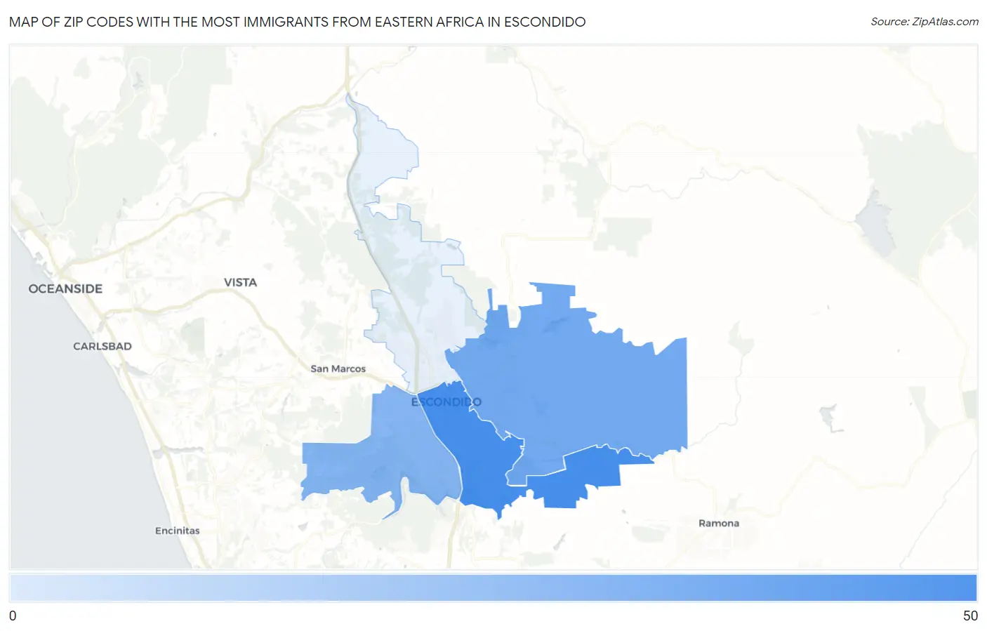 Zip Codes with the Most Immigrants from Eastern Africa in Escondido Map