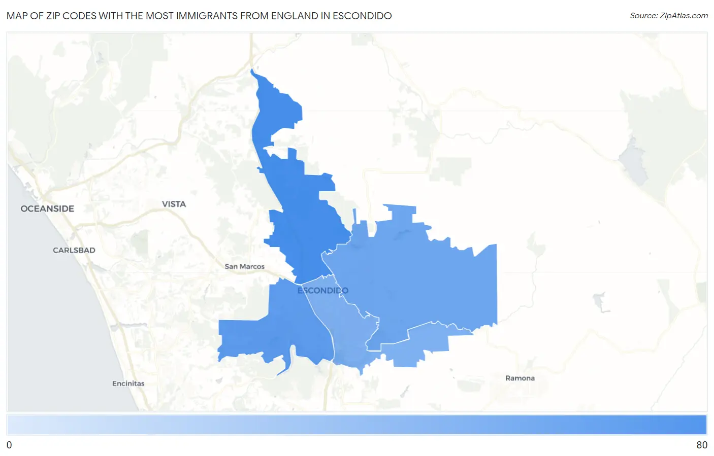 Zip Codes with the Most Immigrants from England in Escondido Map