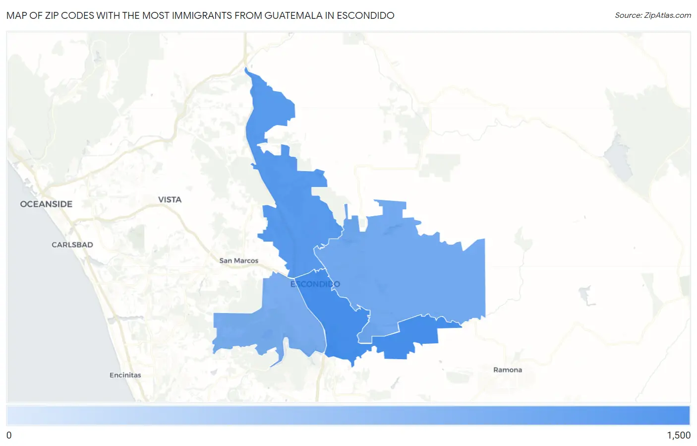 Zip Codes with the Most Immigrants from Guatemala in Escondido Map