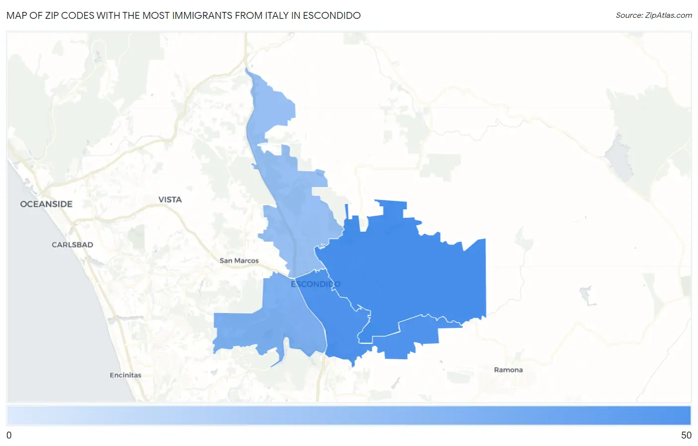 Zip Codes with the Most Immigrants from Italy in Escondido Map