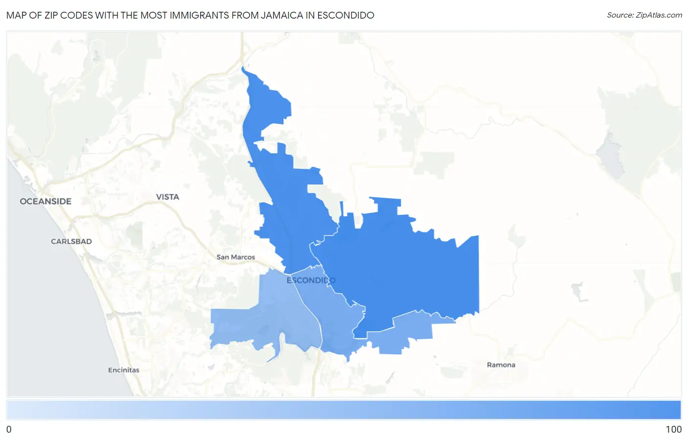 Zip Codes with the Most Immigrants from Jamaica in Escondido Map