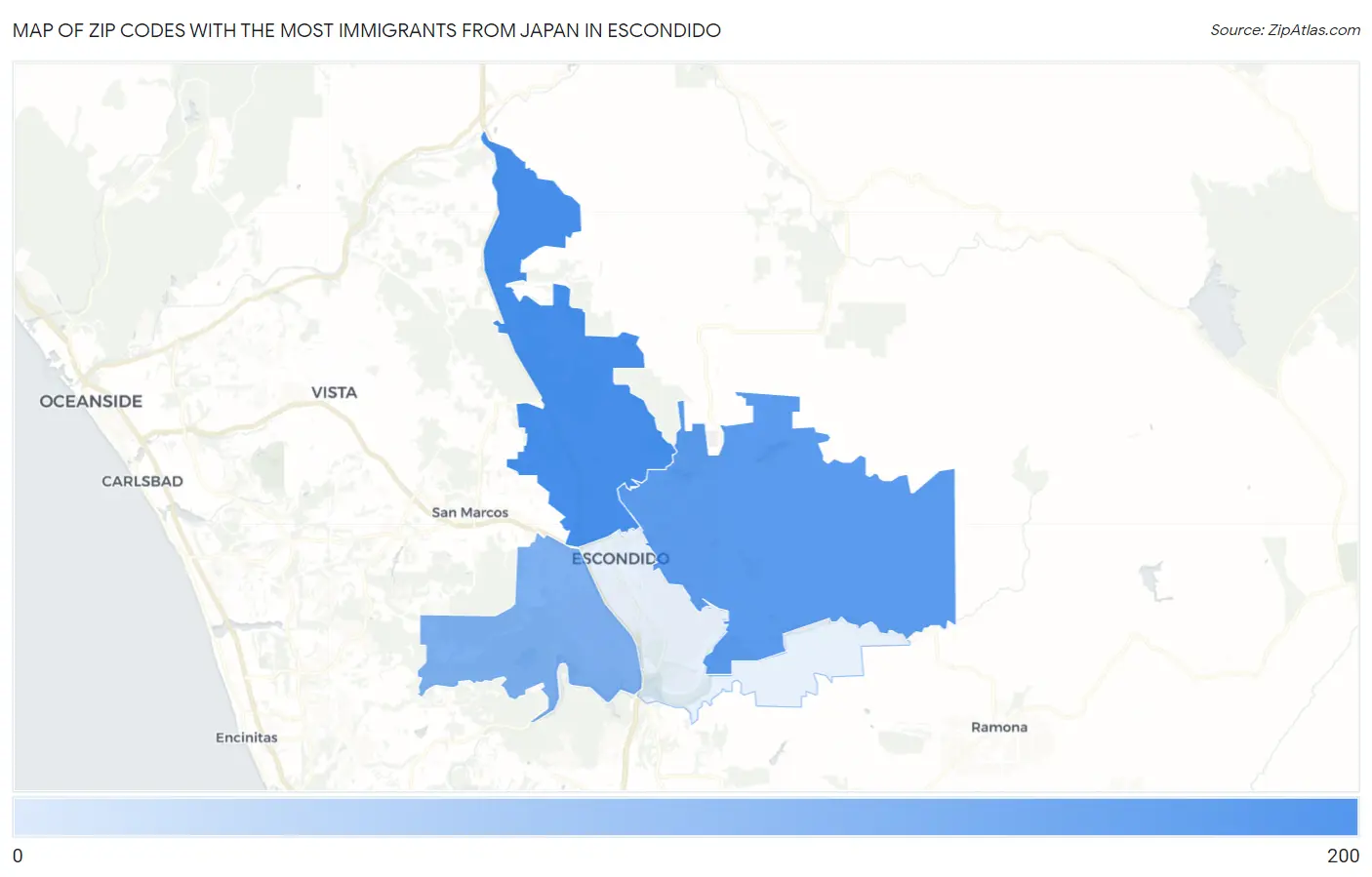 Zip Codes with the Most Immigrants from Japan in Escondido Map