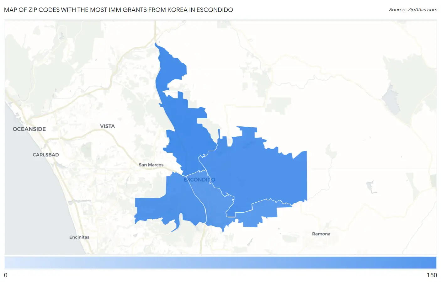 Zip Codes with the Most Immigrants from Korea in Escondido Map