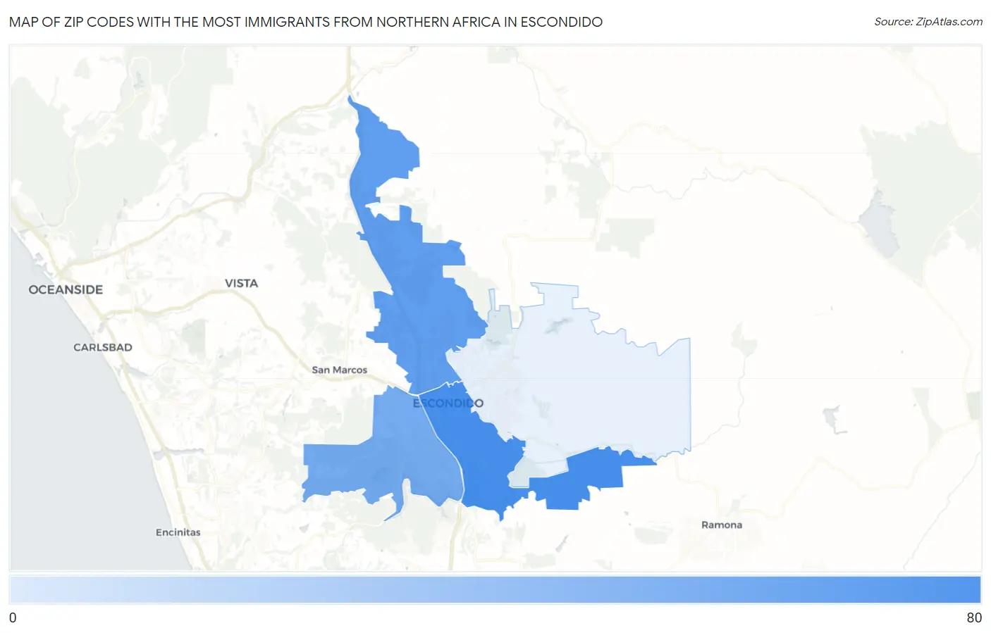 Zip Codes with the Most Immigrants from Northern Africa in Escondido Map