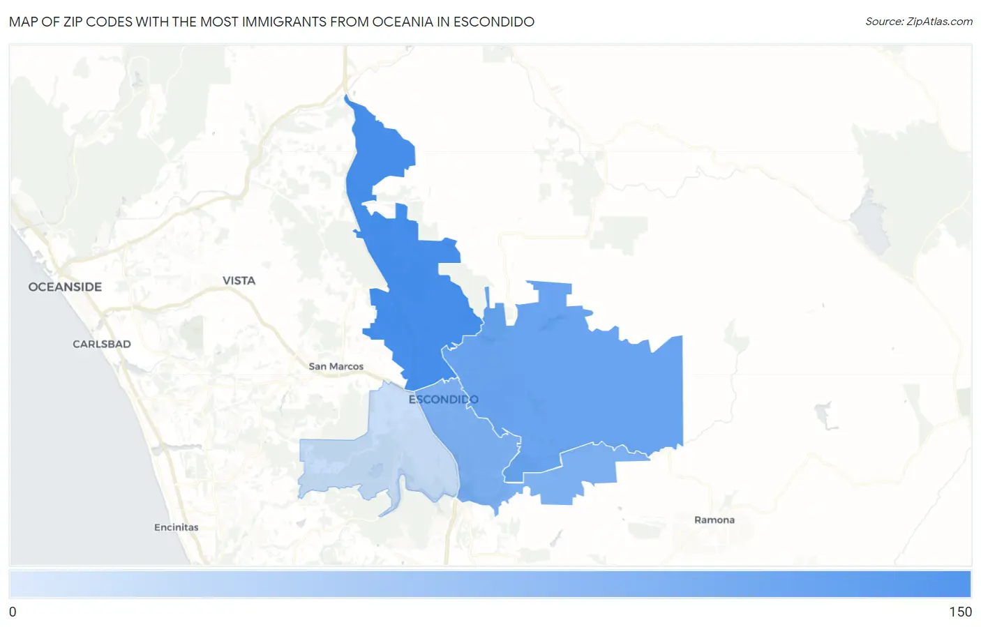 Zip Codes with the Most Immigrants from Oceania in Escondido Map