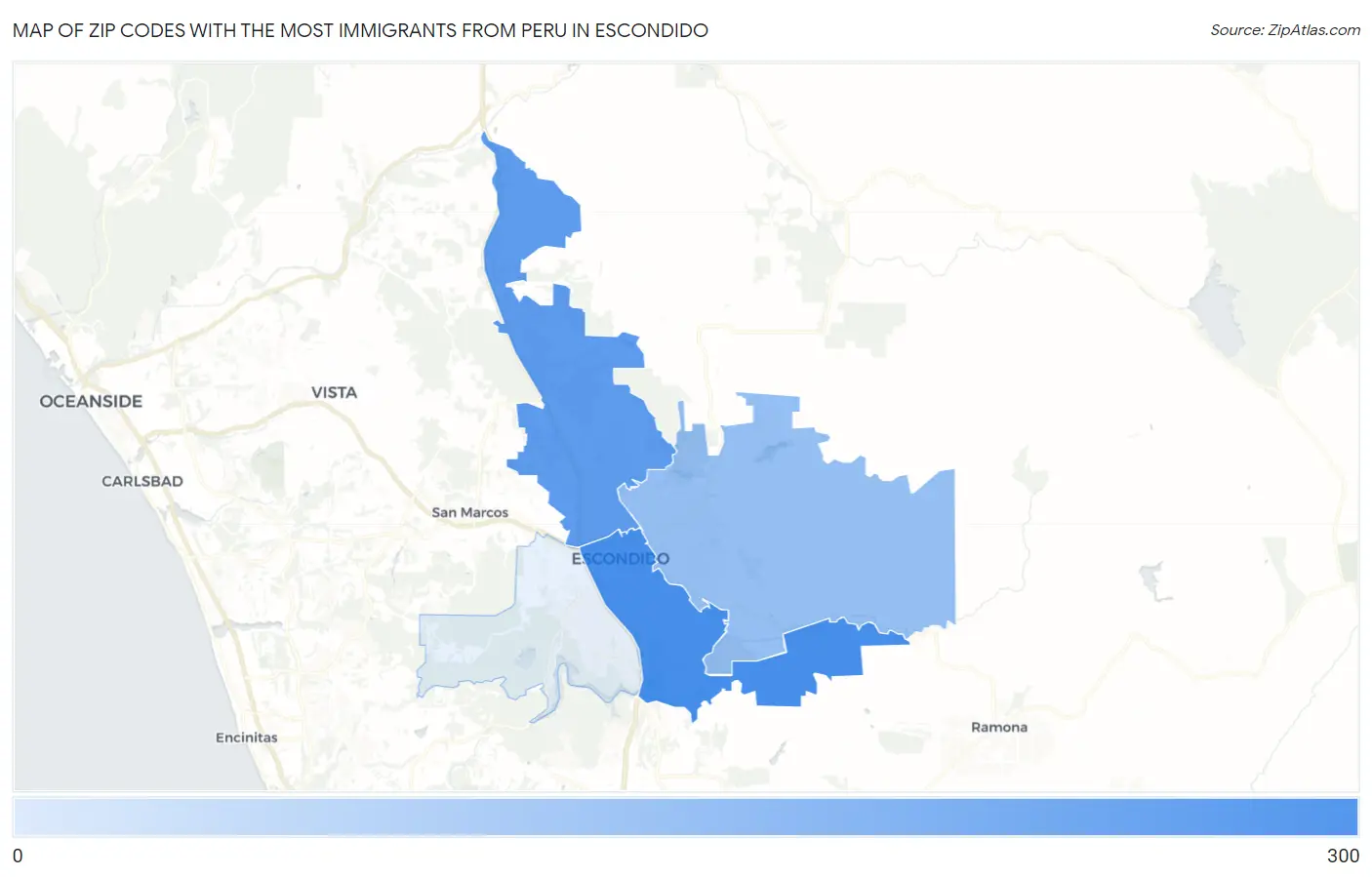 Zip Codes with the Most Immigrants from Peru in Escondido Map
