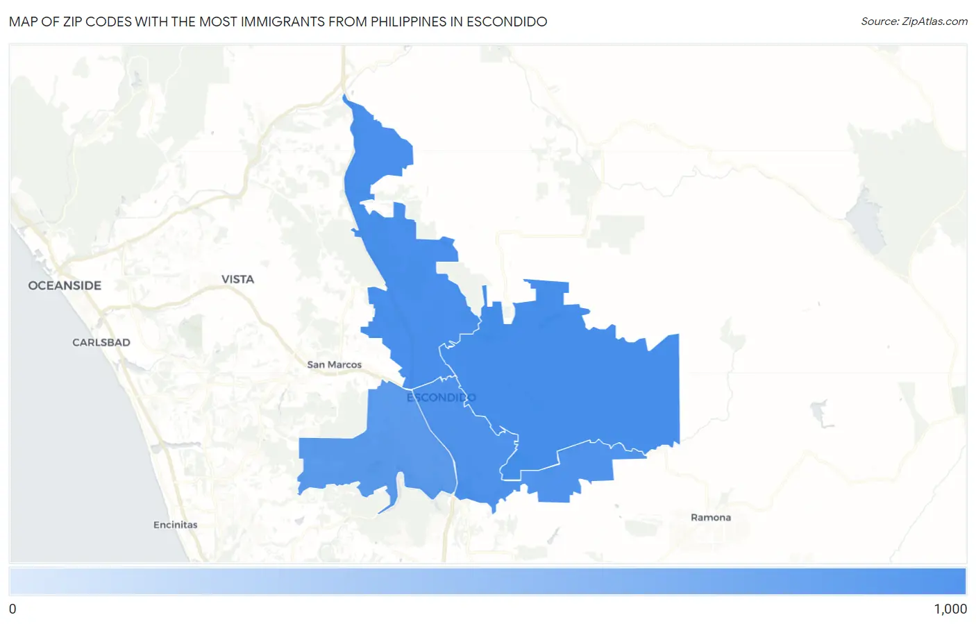 Zip Codes with the Most Immigrants from Philippines in Escondido Map