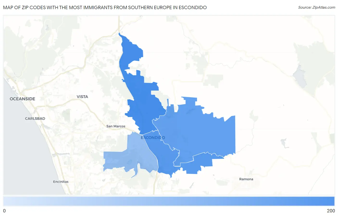 Zip Codes with the Most Immigrants from Southern Europe in Escondido Map