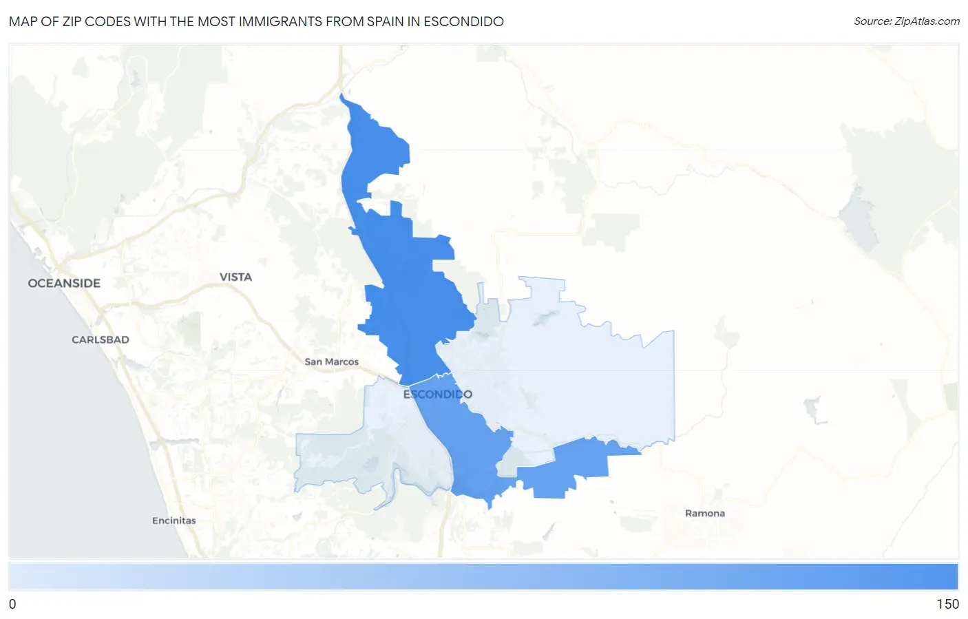 Zip Codes with the Most Immigrants from Spain in Escondido Map