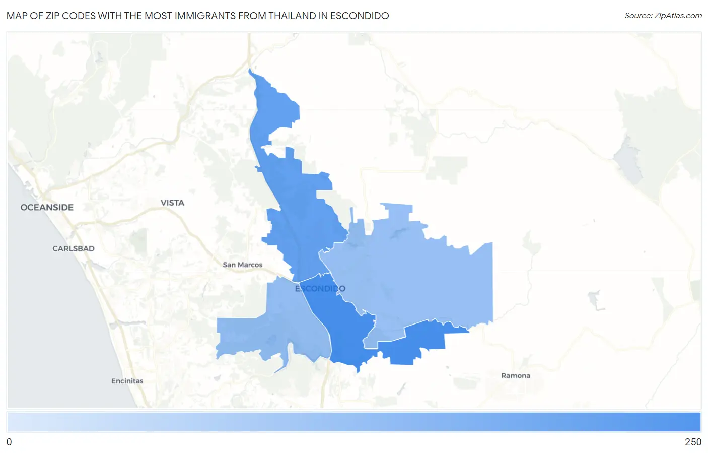 Zip Codes with the Most Immigrants from Thailand in Escondido Map