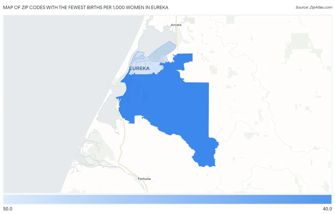 Zip Codes with the Fewest Births per 1,000 Women in Eureka Map