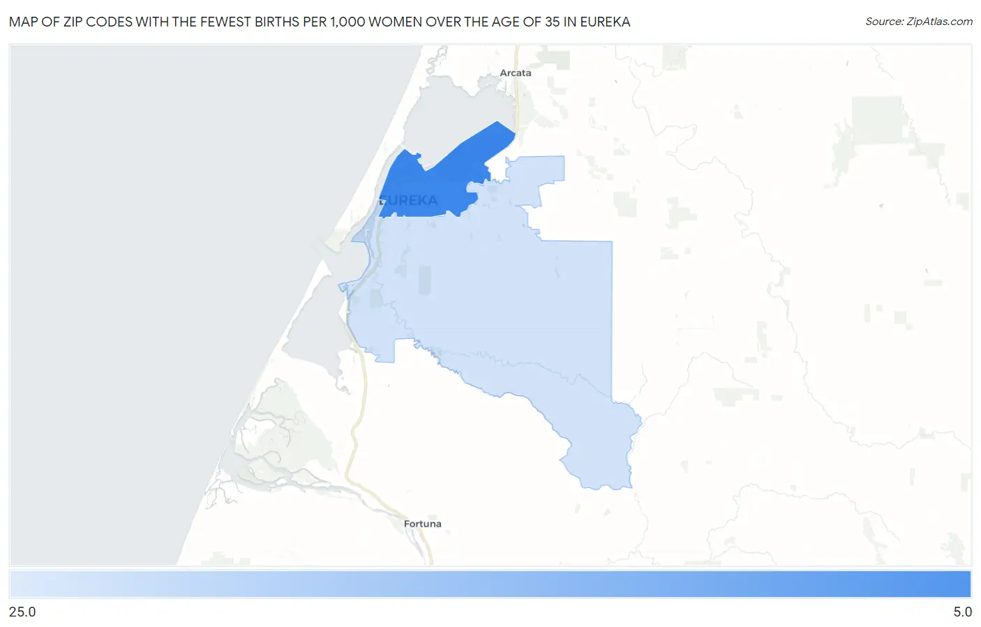 Zip Codes with the Fewest Births per 1,000 Women Over the Age of 35 in Eureka Map