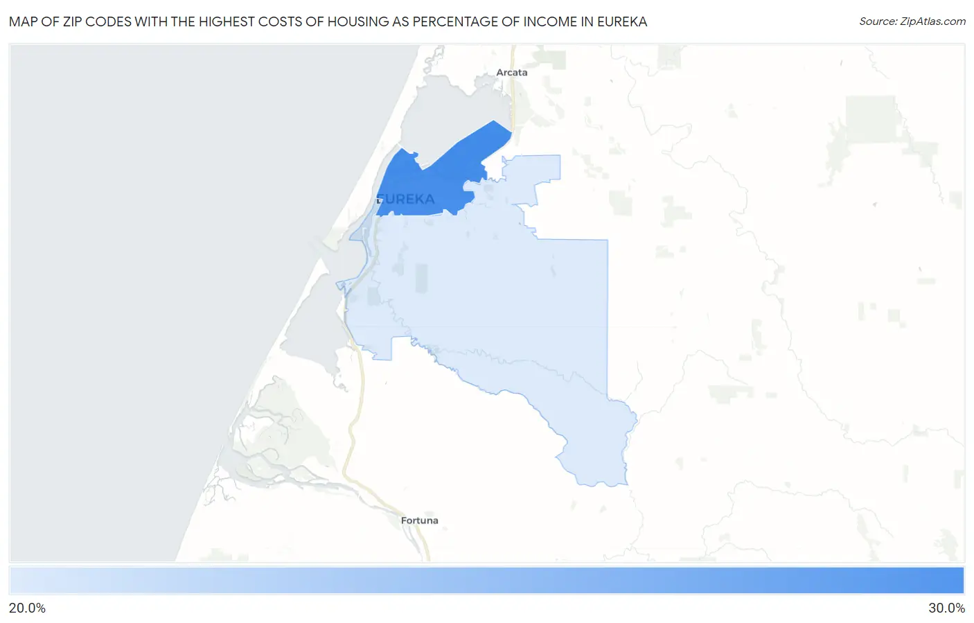 Zip Codes with the Highest Costs of Housing as Percentage of Income in Eureka Map