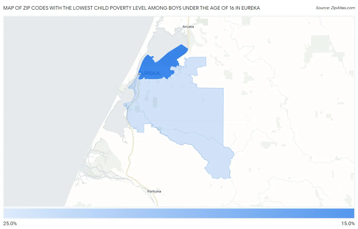 Zip Codes with the Lowest Child Poverty Level Among Boys Under the Age of 16 in Eureka Map