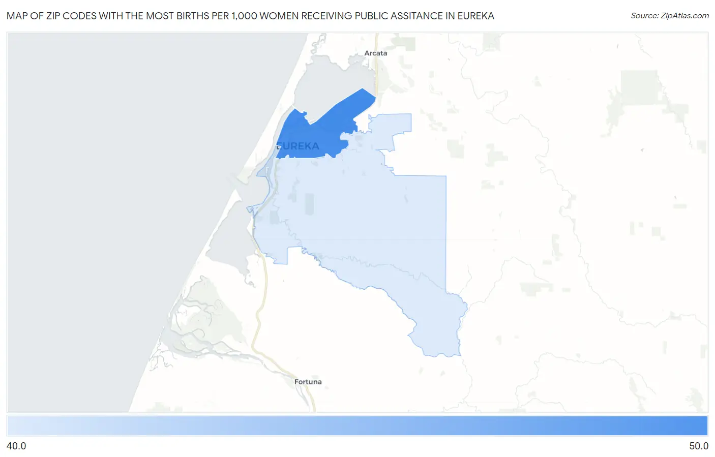 Zip Codes with the Most Births per 1,000 Women Receiving Public Assitance in Eureka Map