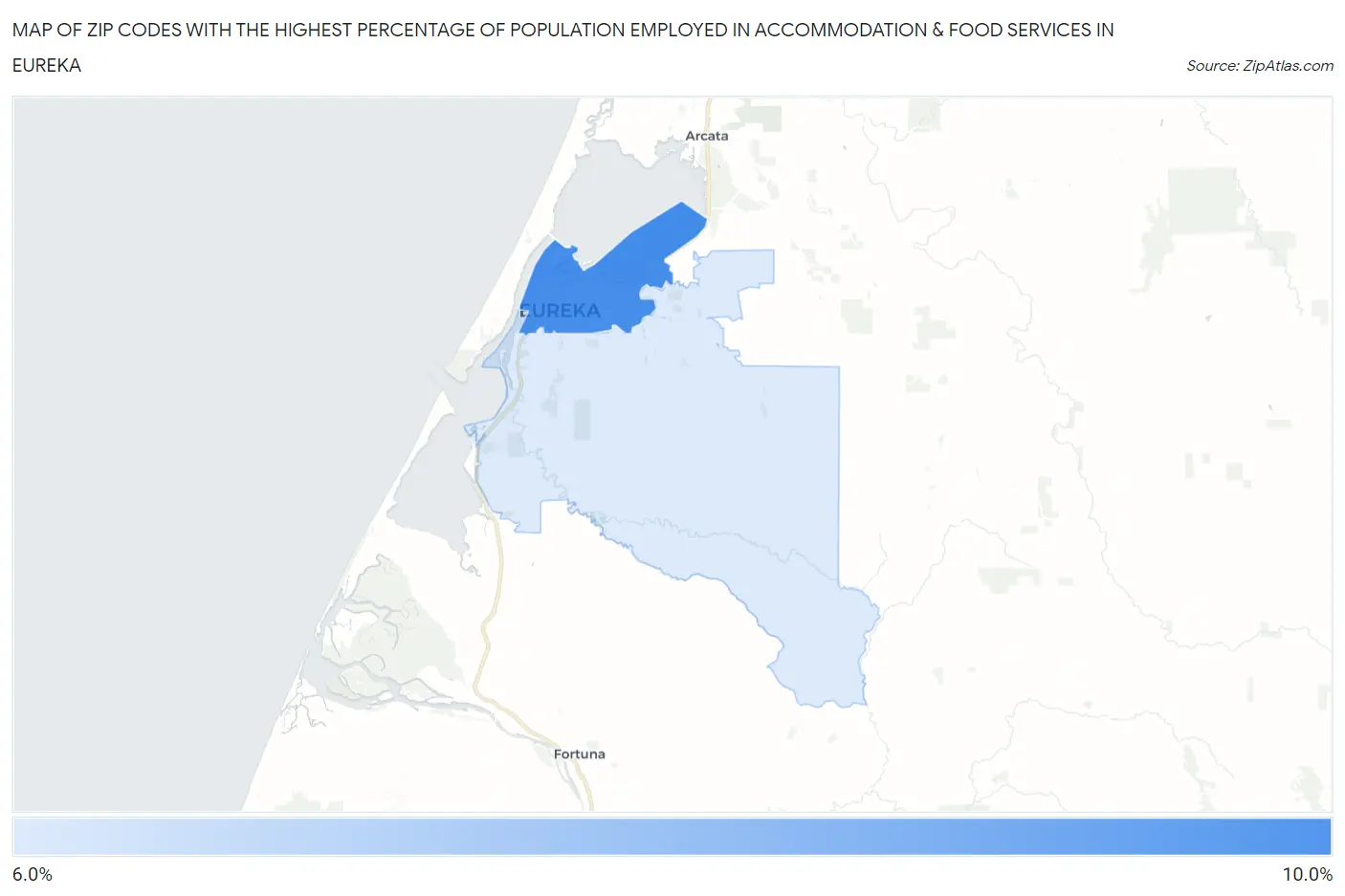 Zip Codes with the Highest Percentage of Population Employed in Accommodation & Food Services in Eureka Map