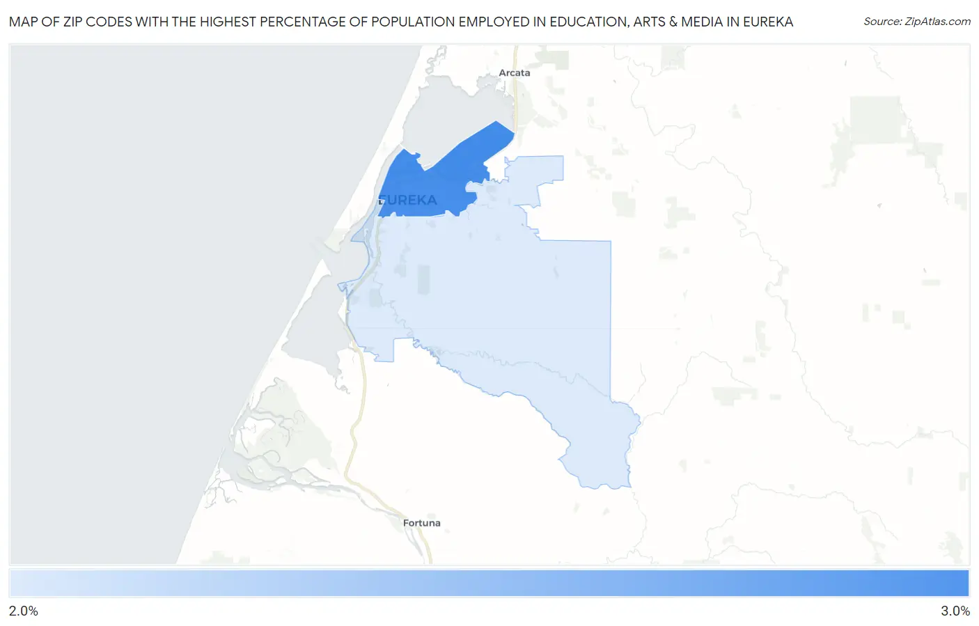 Zip Codes with the Highest Percentage of Population Employed in Education, Arts & Media in Eureka Map