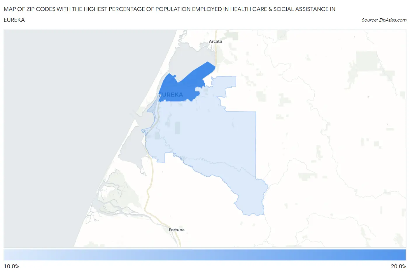 Zip Codes with the Highest Percentage of Population Employed in Health Care & Social Assistance in Eureka Map