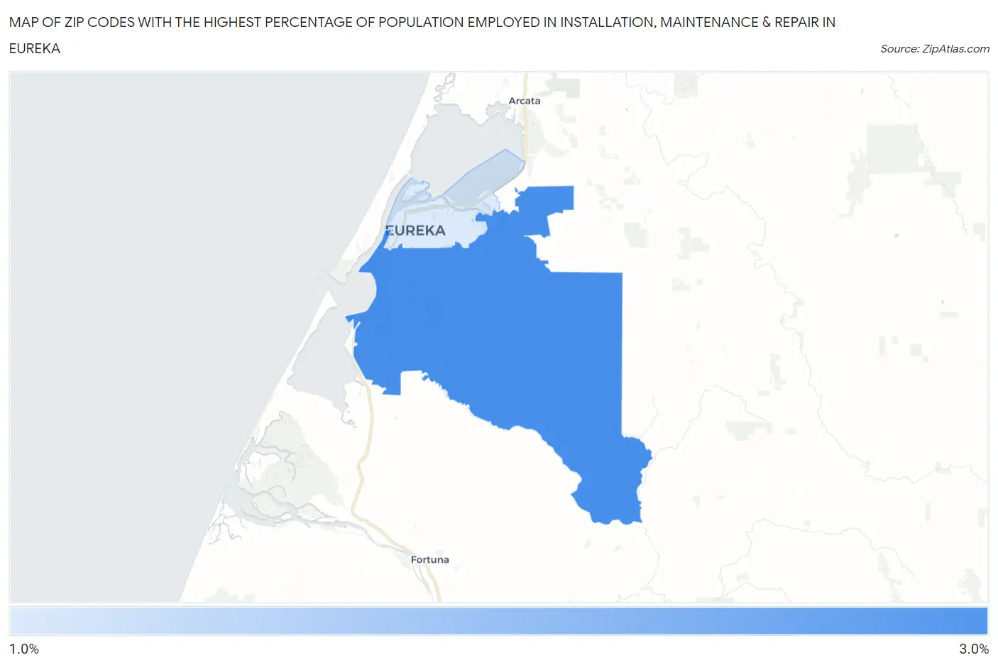Zip Codes with the Highest Percentage of Population Employed in Installation, Maintenance & Repair in Eureka Map