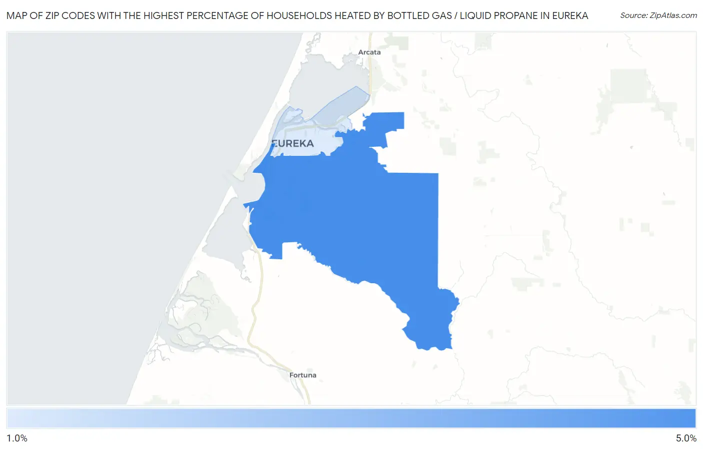 Zip Codes with the Highest Percentage of Households Heated by Bottled Gas / Liquid Propane in Eureka Map