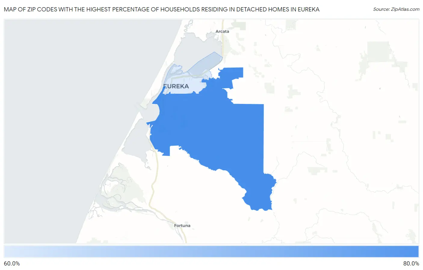 Zip Codes with the Highest Percentage of Households Residing in Detached Homes in Eureka Map
