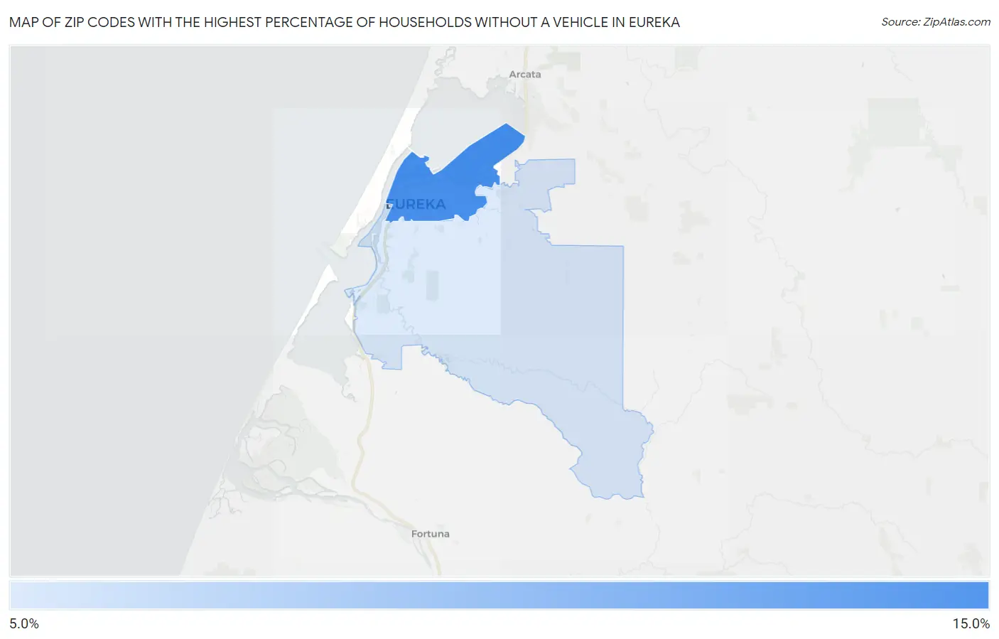 Zip Codes with the Highest Percentage of Households Without a Vehicle in Eureka Map