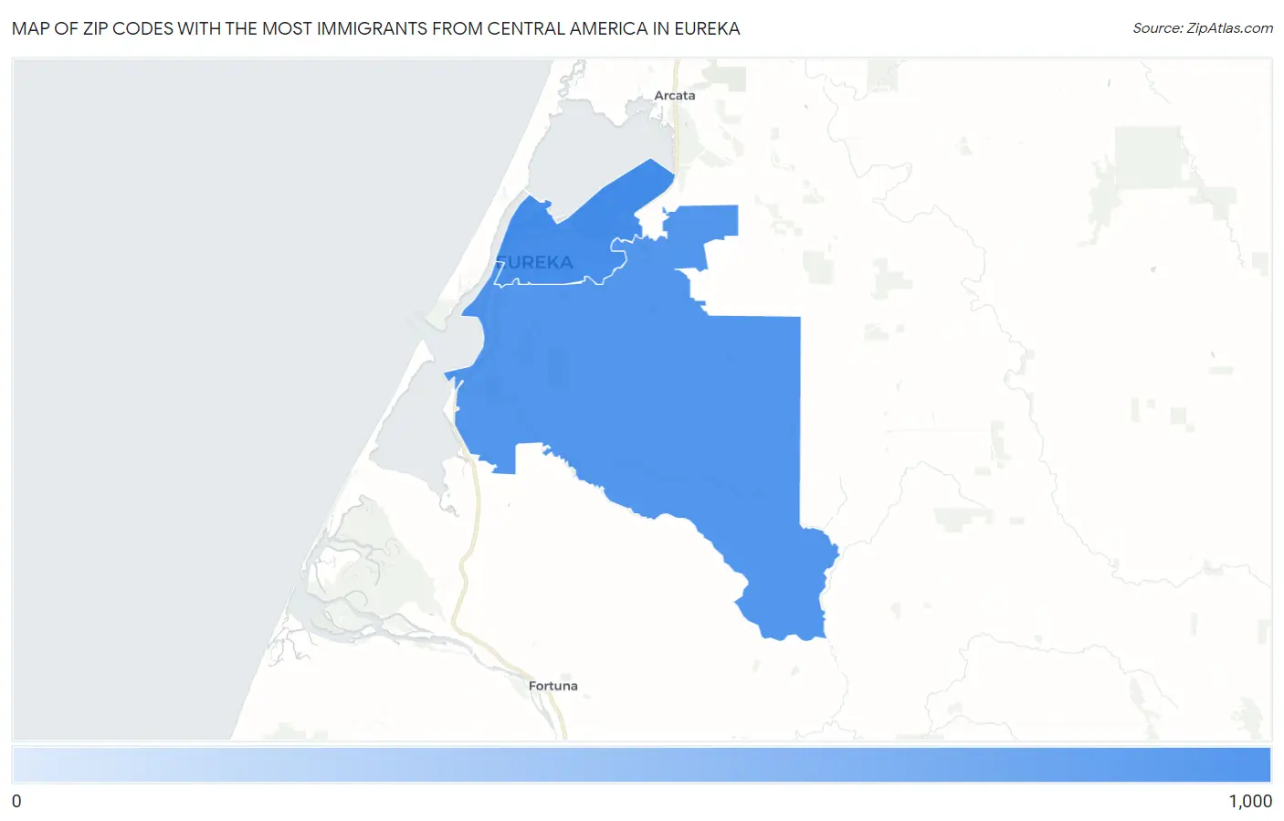 Zip Codes with the Most Immigrants from Central America in Eureka Map