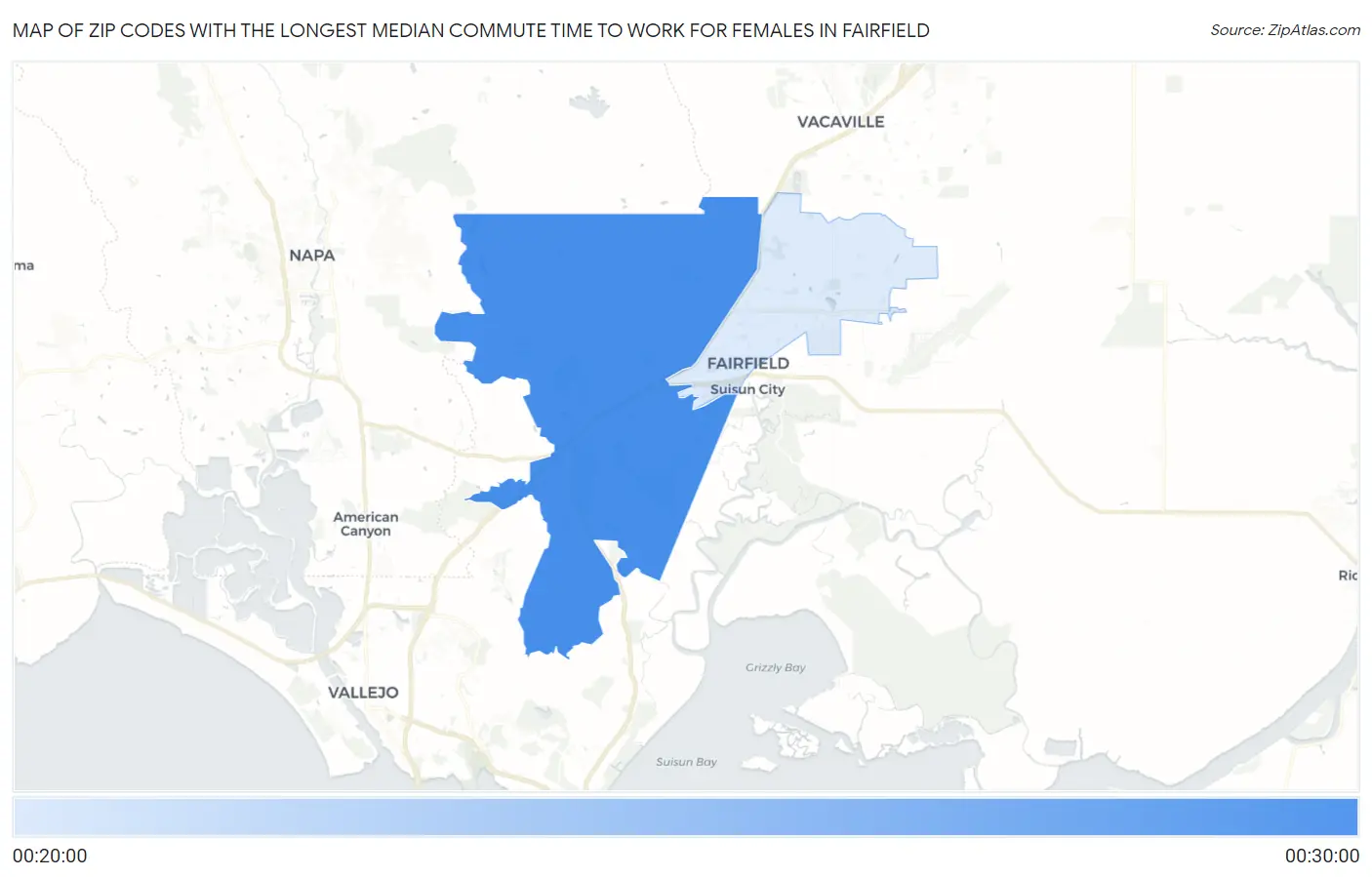Zip Codes with the Longest Median Commute Time to Work for Females in Fairfield Map