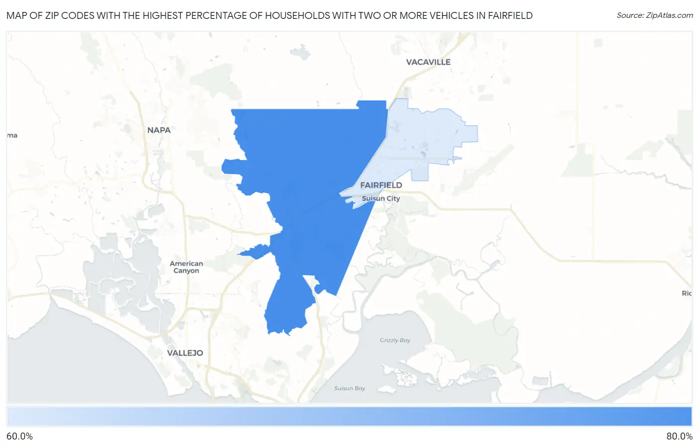 Zip Codes with the Highest Percentage of Households With Two or more Vehicles in Fairfield Map