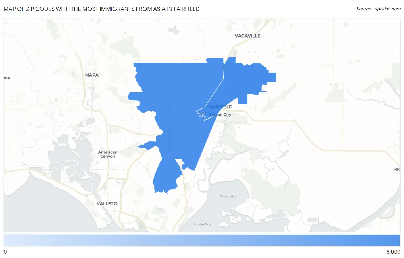 Zip Codes with the Most Immigrants from Asia in Fairfield Map