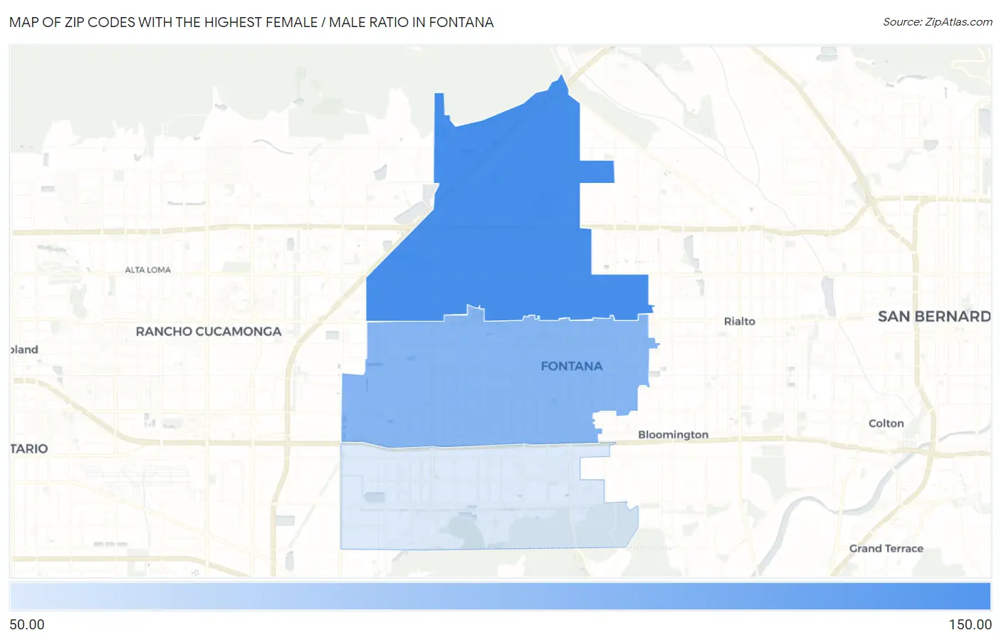 Zip Codes with the Highest Female / Male Ratio in Fontana Map
