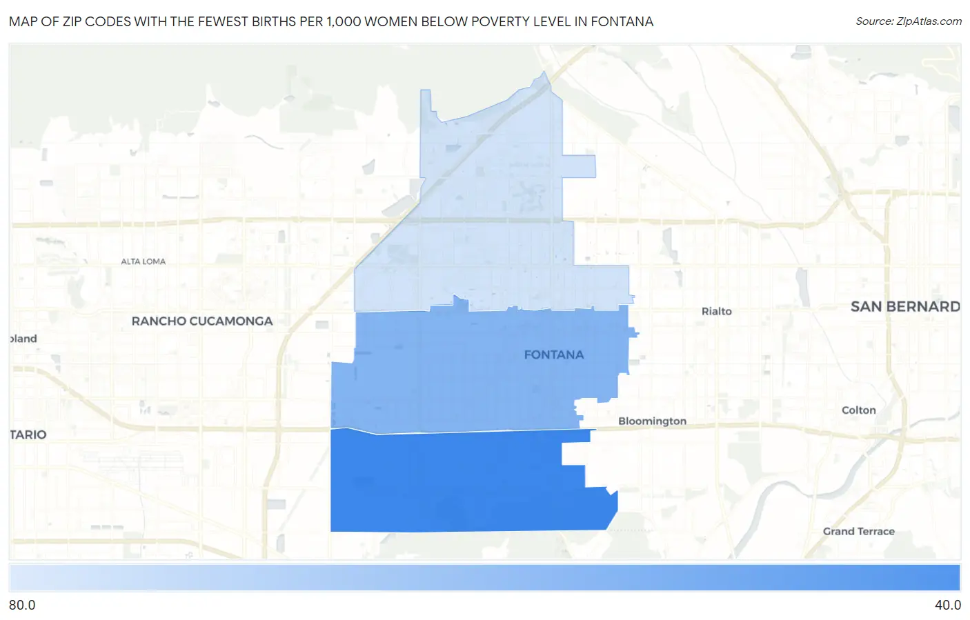 Zip Codes with the Fewest Births per 1,000 Women Below Poverty Level in Fontana Map