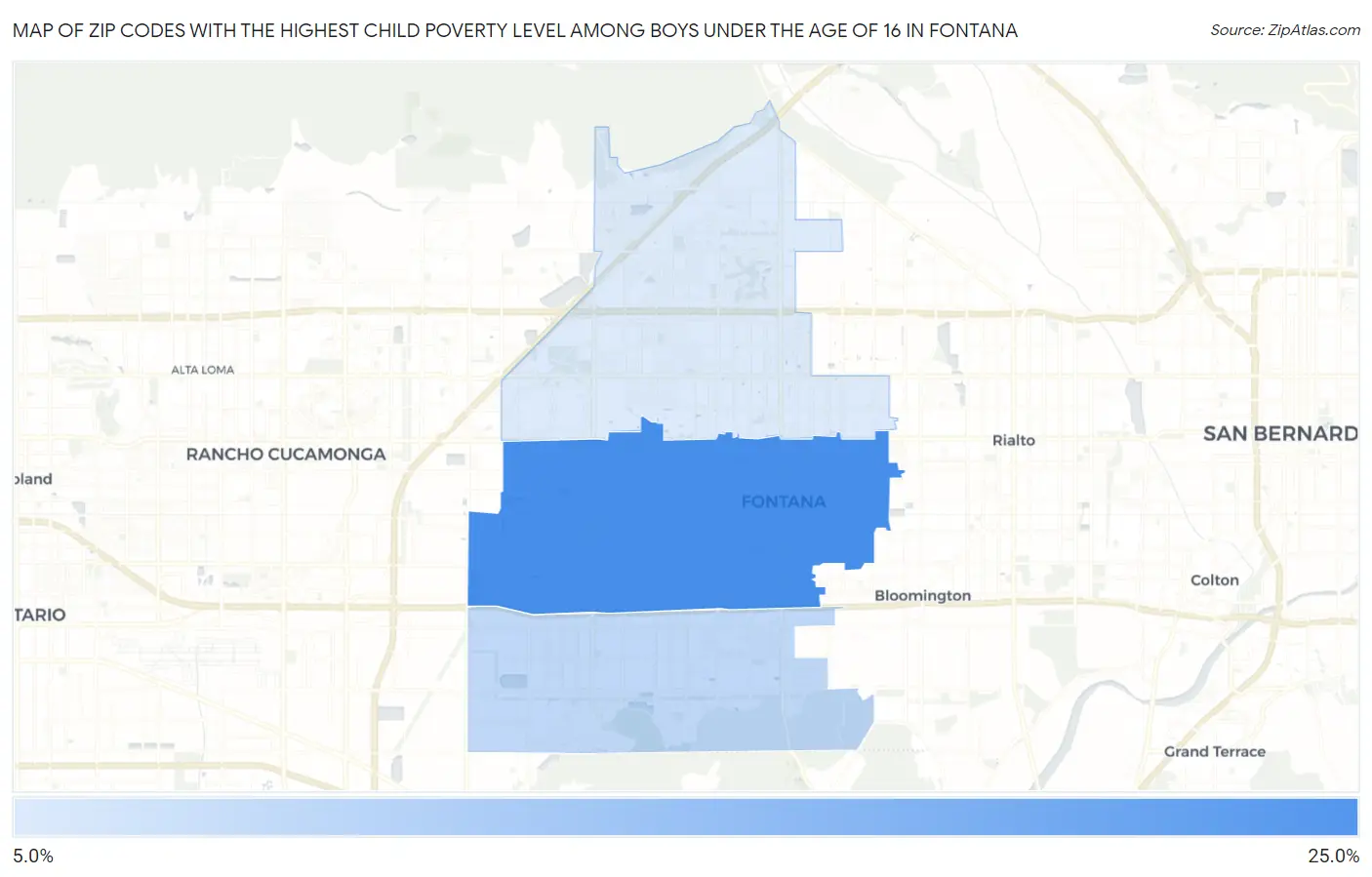 Zip Codes with the Highest Child Poverty Level Among Boys Under the Age of 16 in Fontana Map