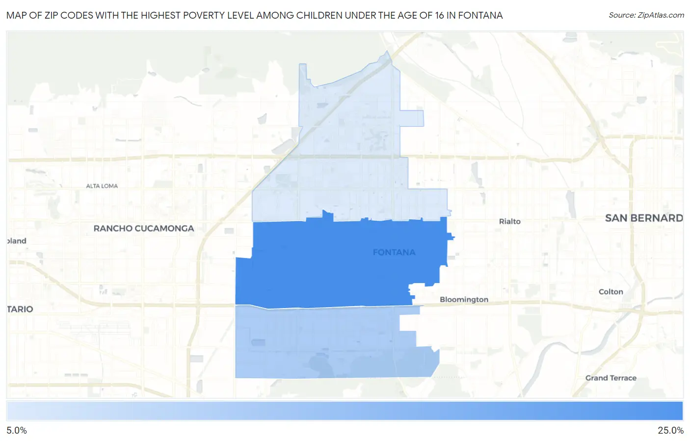 Zip Codes with the Highest Poverty Level Among Children Under the Age of 16 in Fontana Map