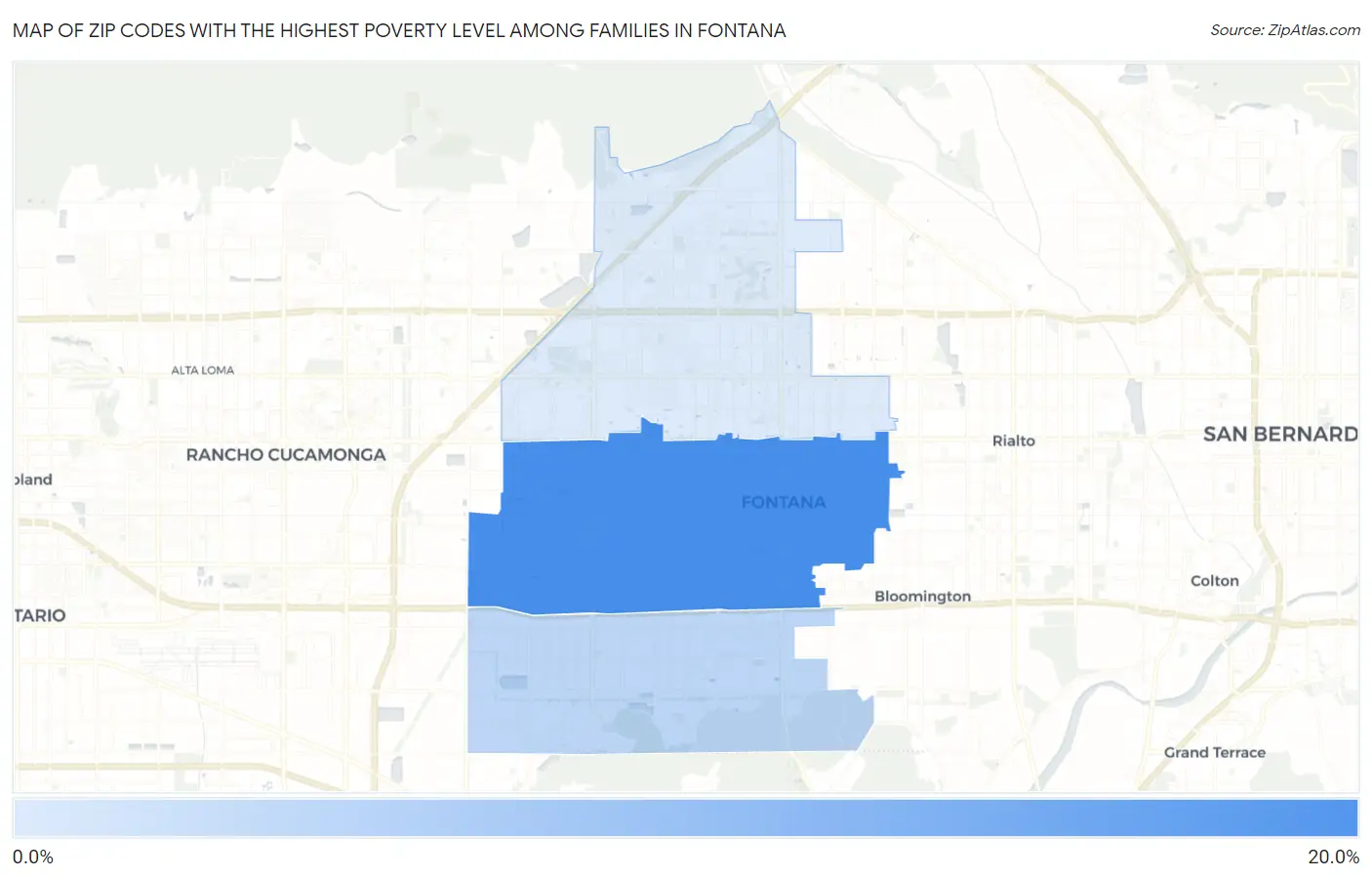 Zip Codes with the Highest Poverty Level Among Families in Fontana Map