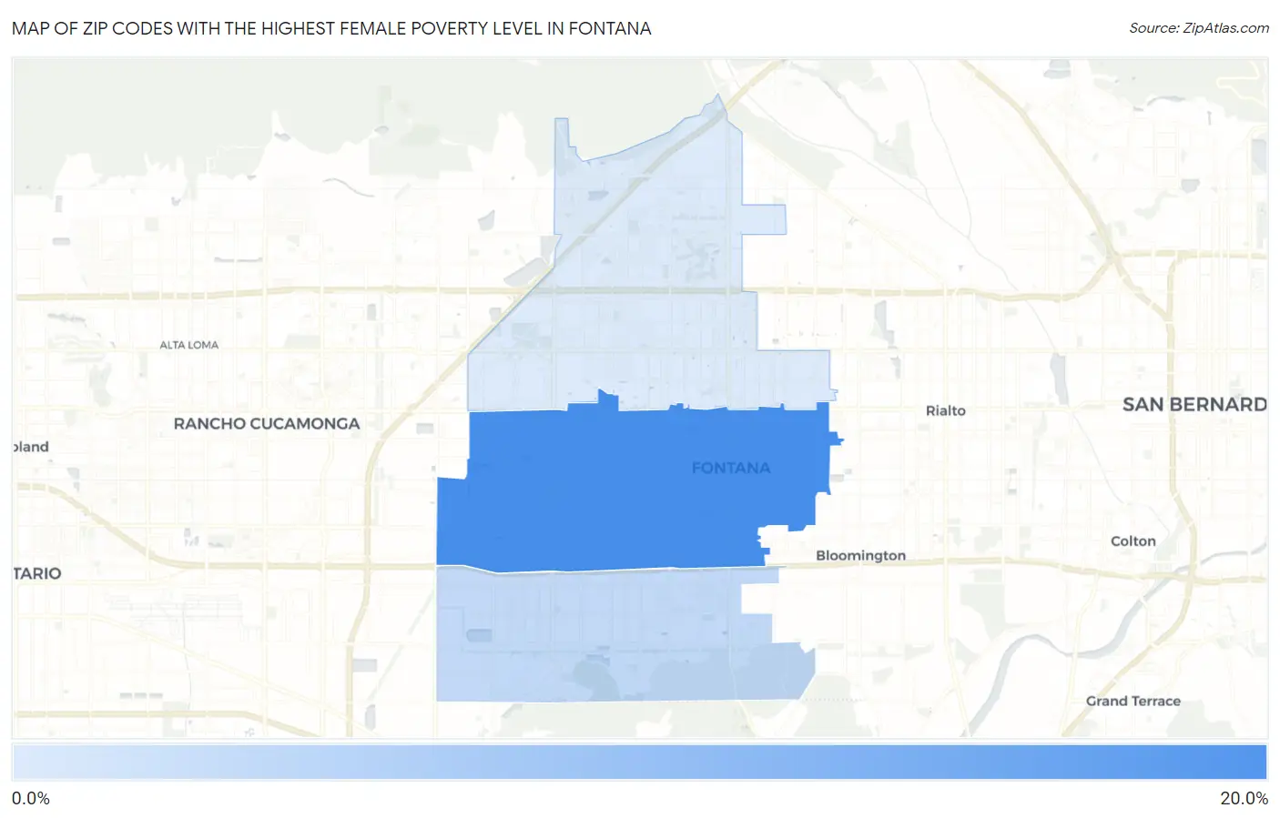Zip Codes with the Highest Female Poverty Level in Fontana Map