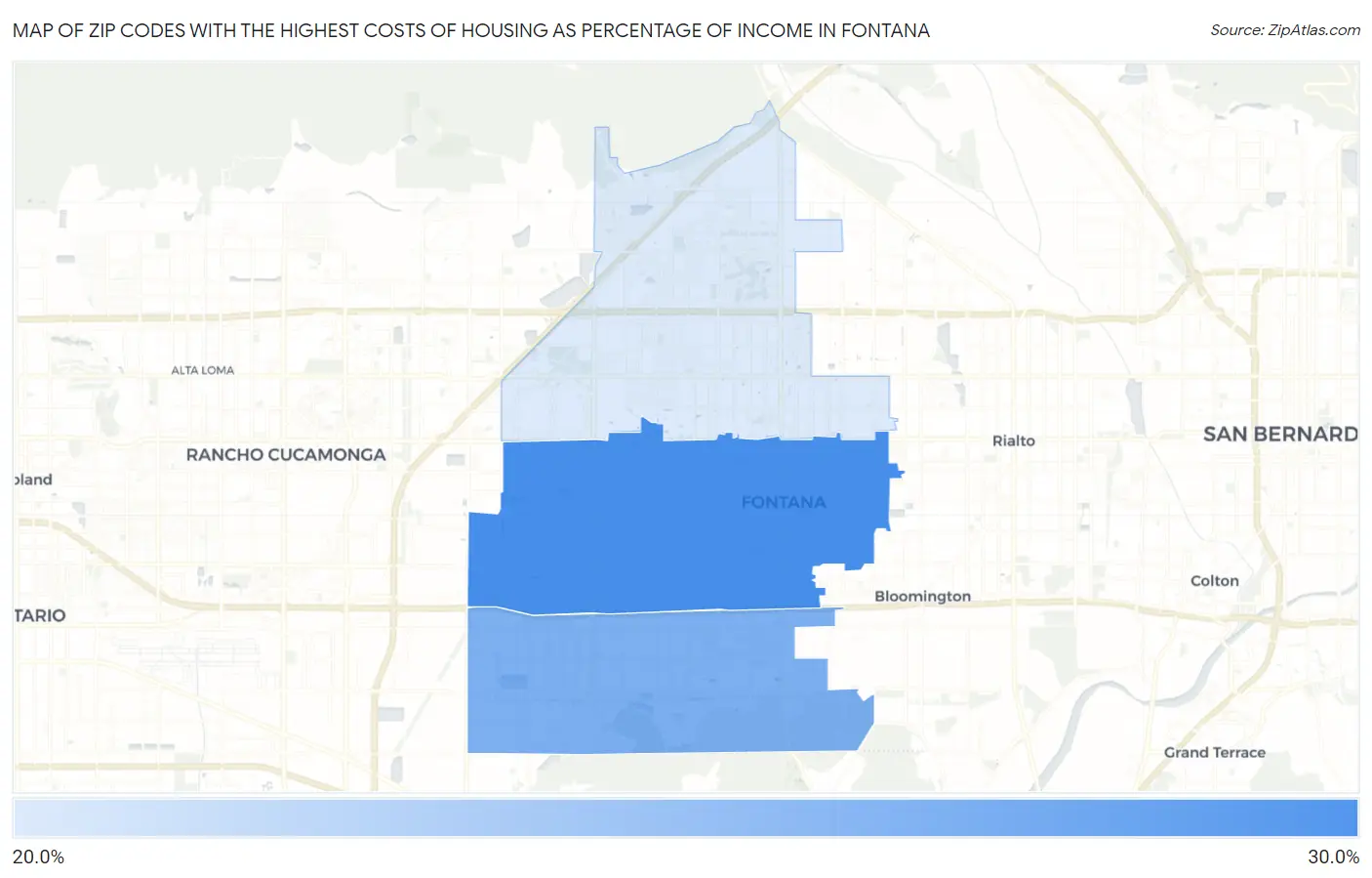 Zip Codes with the Highest Costs of Housing as Percentage of Income in Fontana Map