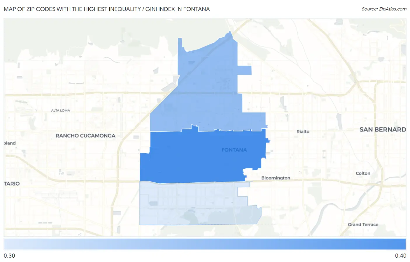 Zip Codes with the Highest Inequality / Gini Index in Fontana Map